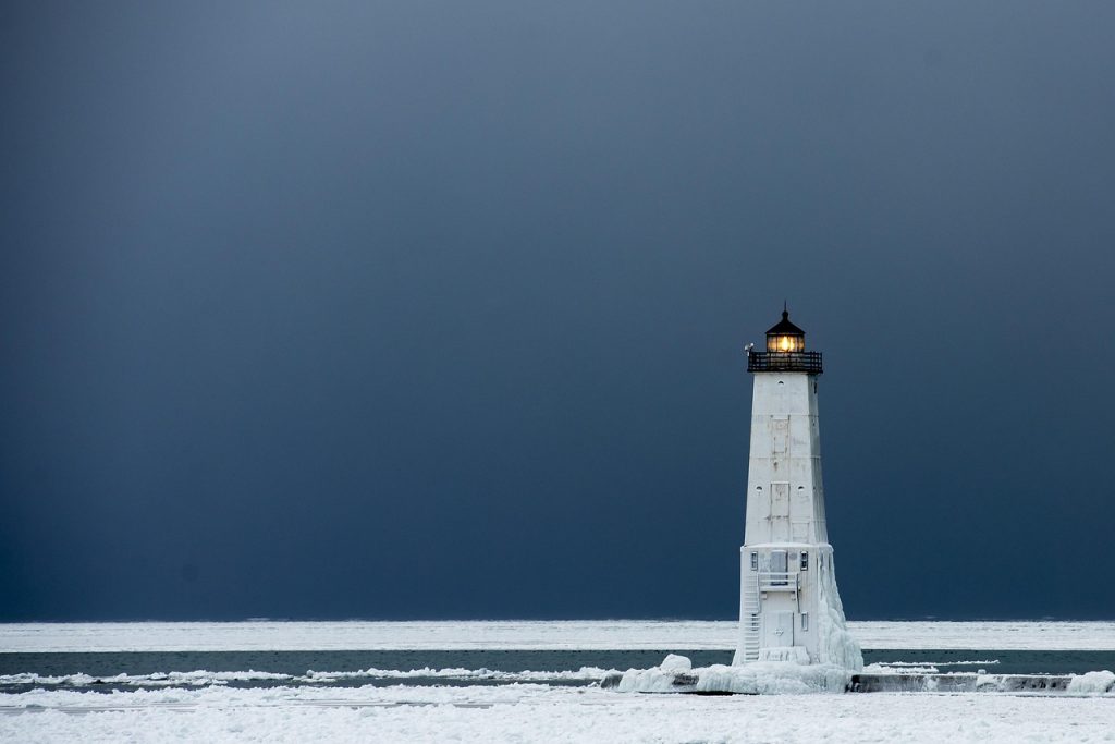 lighthouse, ice, winter, snow, michigan, nature, cold, landscape, nautical, water, coast, sky, maritime, beacon, lake, frozen, pier